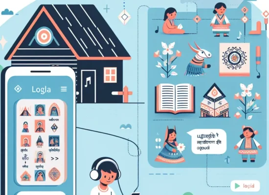"Anak-anak menggunakan aplikasi pembaca dongeng interaktif dalam bahasa daerah, belajar dan menikmati cerita tradisional dengan visual menarik di perangkat tablet."