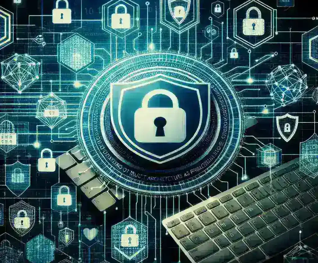"Ilustrasi arsitektur Zero Trust dalam strategi keamanan siber, menampilkan jaringan yang aman dengan lapisan perlindungan dan autentikasi berlapis, mendukung penerapan Zero Trust Architecture untuk melindungi data dan sistem organisasi."