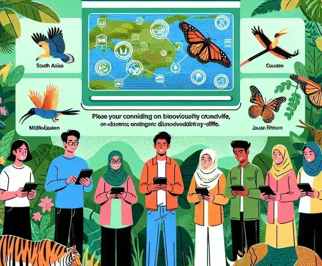 "Ilustrasi kolaborasi citizen science dalam pelestarian biodiversitas Indonesia, menampilkan warga lokal dan ilmuwan bersama-sama mengamati dan mencatat spesies flora dan fauna di habitat alami."