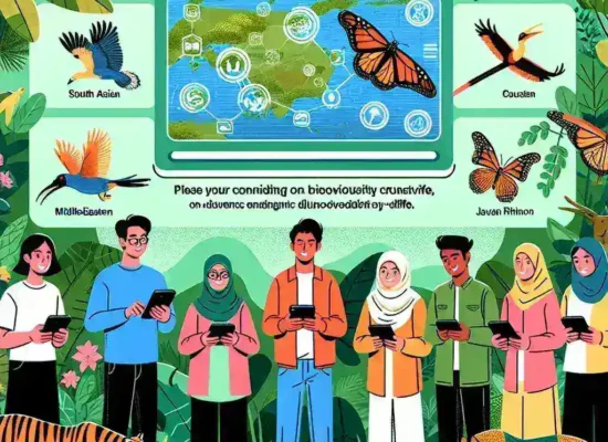 "Ilustrasi kolaborasi citizen science dalam pelestarian biodiversitas Indonesia, menampilkan warga lokal dan ilmuwan bersama-sama mengamati dan mencatat spesies flora dan fauna di habitat alami."