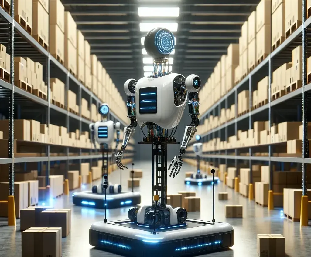 "Amazon warehouse robot featuring autonomous AI technology in action, showcasing advanced logistics and automation for efficient delivery services."