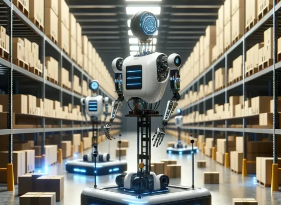"Amazon warehouse robot featuring autonomous AI technology in action, showcasing advanced logistics and automation for efficient delivery services."