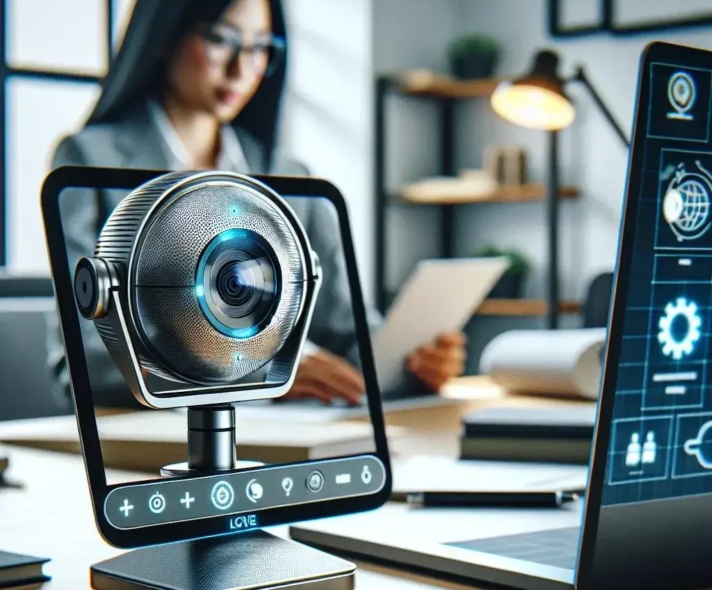"Webcam AI dari Logitech untuk pekerja hybrid, menampilkan desain modern dan fitur canggih, di banner artikel tentang inovasi teknologi untuk produktivitas kerja jarak jauh."