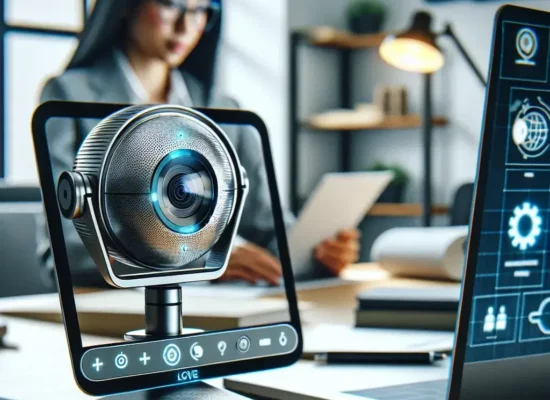 "Webcam AI dari Logitech untuk pekerja hybrid, menampilkan desain modern dan fitur canggih, di banner artikel tentang inovasi teknologi untuk produktivitas kerja jarak jauh."